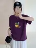 Camisa de Algodão de Bambu Solta Feminina Gola Redonda Manga Curta Versátil Emagrecedora Floco de Neve Algodão Direto da Fábrica
