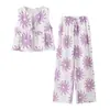 Estilo Verão 2025 Estilo Europeu e Americano Conjunto de Top com Decote V Estampado + Calça Wide Leg Estampada