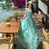 Vestido de tirantes verde con espalda descubierta y encaje estilo francés para mujer, estilo resort de verano en la playa, vestido largo sexy que ajusta la cintura