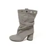 Nuevas botas de gamuza con remaches de media pantorrilla para mujer 2026, botas vaqueras retro de punta redonda y tacón grueso, estilizan y son elegantes, botas de jinete para mujer