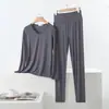 Conjunto de Modal Plus Size para Primavera e Outono, Confortável, Solto, Casual, Gola V, Manga Longa, Calça de Cintura Alta, Roupa de Casa, Conjunto de Duas Peças