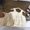 Traje de verano para niña Conjunto de dos piezas moderno de Mori Baby Pantalones cortos de botón estilo occidental para niños Vestido de verano para niños famoso en Internet Coreano