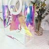 Sacola laser personalizada imitação de couro mágica presente saco plástico transparente personalizado arco-íris PVC saco TPU