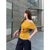 Camiseta de Manga Corta Asimétrica con Cuello de Camisa [Tela de Guangzhou] para Mujer, Nuevo Estilo Coreano de Verano, Ajustada a la Cintura, Hombros Descubiertos