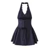 Vestido sexy de cuello en V profundo, ribete con volantes, cuadros azules, sin espalda, ajustado, de cuello halter, falda acampanada, corte slim, minifalda para una chica hot