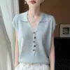 Camiseta de malha de linho de bambu de alta qualidade estilo coreano com manga curta, design de botão exclusivo, modeladora e versátil, top respirável estilo coreano, roupa feminina de manga curta