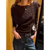 Camiseta de crochê com renda estilo coreano em veludo, manga longa, para mulheres, novo modelo outono 2026, corte solto, modeladora, top versátil