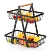 Conjunto destacável Armazenamento de camada dupla Cesta portátil de madeira conveniente Cesta de frutas de ferro Armazenamento de cozinha Cesta de armazenamento de sala de estar