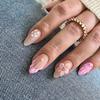 Uñas Portátiles de Venta Caliente Transfronteriza, 24 Piezas, Flor 3D Tridimensional, Perla, Concha, Forma de Almendra Mediana, Pegatinas de Uñas Portátiles