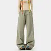Pantalones de pierna ancha deconstruidos en verde militar con costuras de contraste para hombre y mujer, cintura elástica, cincha de color contrastante, estilo outdoor, pantalones casuales fluidos