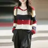 Chaqueta de punto fino de manga larga a rayas, nuevo cárdigan de punto para mujer otoño-invierno 2026 lana cuello redondo colorblock