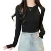 Nueva camiseta negra de manga larga estilo coreano para mujer, otoño, chicas sexys, diseño calado, sentido, corte ajustado, corta, básica, top