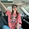 Camiseta Solta de Algodão Puro Tie-Dye Colorido para Indústria Pesada Moda Feminina Estampa de Menina Cartoon Comprimento Médio Tamanho Grande Casual