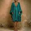 Vestido Midi Cor Sólida de Marca Independente Novo Estilo 2026 Europeu e Americano Decote V Manga Morcego Amazon Caimento Solto