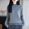 Nuevo suéter de punto trenzado 100% algodón puro de cuello medio alto para mujer, otoño e invierno, holgado, grueso, cálido, de manga larga, capa base
