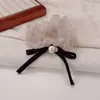 Goma para el pelo a rayas con lazo de organza y pedrería estilo francés con cinta y perlas, Elegante goma para el pelo