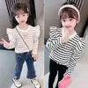 Camisetas para Niñas Primavera y Otoño 2026 Mangas Volantes Bebés Niños Pequeños Rayadas Manga Larga Nueva Camiseta Interior para Niños