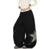 Estilo hip-hop americano, patchwork e bordados com padrão de estrelas, tecido fluido, calça de moletom larga de corte solto, unissex, versátil para dançar