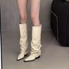 Botas Apiladas Plisadas con Hebilla de Punta para Mujer, Nuevo Estilo Otoño 2025, Botas Largas Estilo Punk Biker Callejero para Falda