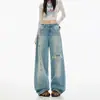 Jeans retos estilo retrô americano azul claro rasgado com grafite para mulheres, início do outono, plus size, cintura alta, modelagem solta e afunilada, calças de perna larga emagrecedoras