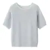 Nuevo top de punto de manga corta de color caramelo para verano hecho de seda y hilo de papel lyocell, camisa casual de protección solar con cuello redondo para mujer