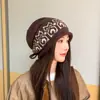 Estilo Coreano Moda Bloque de Color Ala Enrollada Holgado Sombrero de Punto Jacquard Turbante para Mujer Otoño Invierno Cálido Jersey Sombrero de Lana