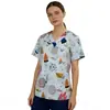 Blusa de Uniforme Estampada con Cuello en V para Mujer, Elástica de Secado Rápido, Uniforme para Salón de Peluquería de Mascotas, Doctor, Enfermera, Manga Corta