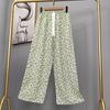 Pantalones de pijama de algodón y seda para mujer, estilo fino de verano, talla grande, pantalones de pierna ancha de cintura alta, adecuados para usar en exteriores, pantalones de playa de seda de algodón artificial, pantalones para casa