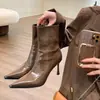 Botines Retro Europeos y Americanos de Punta Fina para Mujer 2023 Nuevo Estilo Elegantes de Tacón Alto de Charol Botas Ajustadas