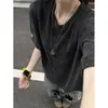 Camiseta Masculina de Verão Waffle Gola Redonda Manga Curta Respirável Texturizada Cinza Escuro Marca Americana Moderna Top Solto de Seda Gelada