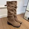 Botas de moda plisadas para mujer, tacón grueso, adelgazantes, botas largas versátiles, botas vaqueras, botas de caña alta para montar