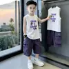 Conjunto de Roupas de Verão para Meninos 2026 Novo Estilo Crianças Meninos de Meia-Idade e Mais Velhos Conjunto de Duas Peças com Colete de Verão Sem Mangas e Shorts Estiloso