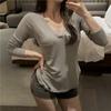 Camiseta de Manga Larga para Mujer 2025 Primavera y Otoño Nuevo Estilo Diseño Cuello en V Camisa Interior Asimétrica Sexy Top Puro Lujuria