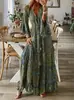 Vestido Longo Floral Boêmio Feminino, Decote V com Mangas Flare, Cintura Alta Estampada Vestido de Férias