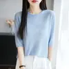 Camiseta de Malha Waffle de Manga Curta com Gola Redonda para Mulheres, Verão, Corte Justo, Mangas de Cinco Pontos, Cor Sólida, Pulôver, Camiseta de Base