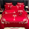 Juego de Cuatro Piezas para Boda de Dragón Rojo y Fénix Bordado de Algodón Habitación de Boda Ropa de Cama de Boda Colcha Festiva Sábanas