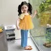Conjunto Infantil 2026 Nova Moda Verão Elegante Malha com Tira Manga Curta Roupa Conjunto de Três Peças de Verão para Bebês