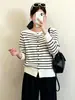 Cárdigan de Punto Retro a Rayas para Mujer Talla Grande 2026 Otoño MM Gordita de un Hombro Holgado Corto Chaqueta para Mujer