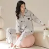 Algodón PuroPijama de Manga Larga para Mujer Otoño Nuevo Estilo Cárdigan Dibujos Animados Pantalones Largos Lindo Lunares Conjunto de Ropa para el Hogar Primavera Otoño