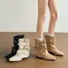 Botines vaqueros occidentales de cuero Maillard para mujer, muy elegantes y cómodos, de otoño, estilo vintage, con hebilla, punta fina y diseño plisado