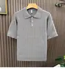 Verão Leve Estilo Maduro Padrão de Cânhamo Gola Reversível Tricô Manga Curta Masculino Solto Camisa Polo Curta t Estilo Coreano Tendência Manga Três Quartos t