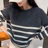 No hay devoluciones ni cambios, Suéter de punto a rayas de color block estilo perezoso para mujer, Nuevo suéter grueso de lana holgado de cuello redondo de invierno 6250