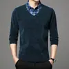 Invierno Nuevo Camisa Cálida de Pana con Forro de Polar para Hombre Solapa Engrosada Cheney Falso de Dos Piezas Color Sólido Camisa Base de Punto para Hombre