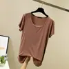 Camiseta base de modal color caramelo estilo coreano, cuello redondo, manga corta, cuello en U grande, camiseta básica holgada para mujer, primavera y verano