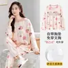 Pijamas de mujer en stock para otoño e invierno con copas en el pecho, algodón elástico, manga larga, diseño de dibujos animados, adecuados para estar en casa y se pueden usar fuera