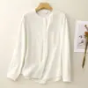 Tiroteo real 2026 Otoño Nuevo Camisa de Algodón y Lino Estilo Literario Japonés para Mujer Cuello Redondo Holgada Manga Larga Camisa Casual