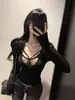 Camiseta de Manga Larga Negra con Encaje Empalmado y Cuello en V Profundo para Mujer, Nuevo Estilo Primavera y Otoño, Chica Dulce Picante de Pura Pasión, Top Corto Ajustado Sexy