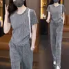 Traje Casual de Verão Novo Estilo com Lantejoulas Prateadas e Gola Redonda, Conjunto de Duas Peças Fashion e Juvenil de Camiseta e Calça Longa