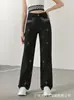 Jeans Rectos con Pedrería Negra Transfronterizos 2025 para Mujer, Jeans de Mezclilla Elástica de Tiro Alto con Pedrería para Mujer