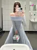 Estilo Chica Sexy Elegante Camiseta de Manga Larga sin Hombros Falda de Cintura Alta Línea A para Mujer Otoño Temprano Conjunto de Dos Piezas